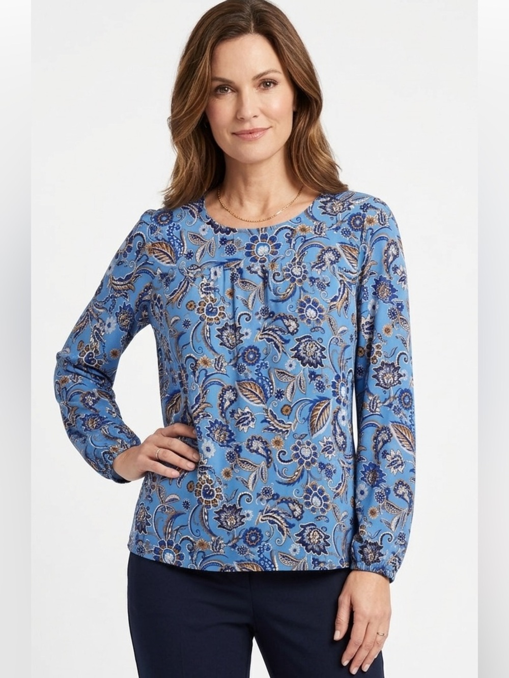 J. Jill Blue Floral Paisley Long-Sleeve Blouse Large